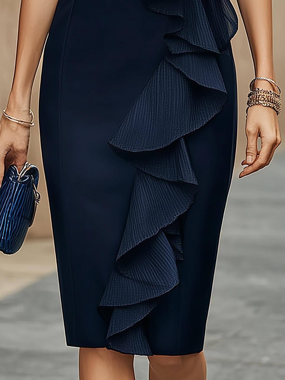 Serenara Navy Blue Cascading Ruffle Sleeveless Sheath Midi Dress