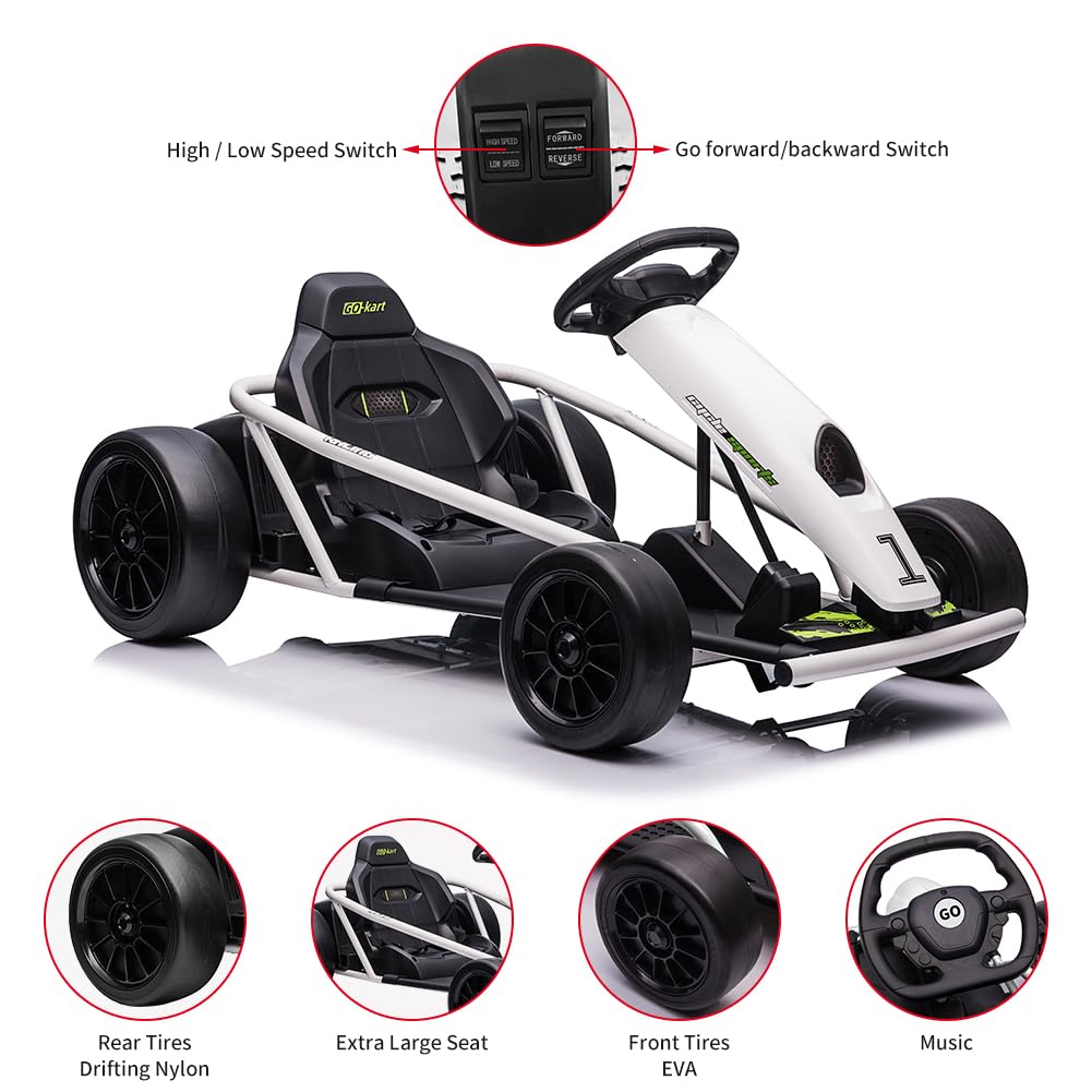 24V Go Kart for Kids 8-12, 300W*2 Motors, 9Ah Battery, 8MPH Speed, Music, Horn, 175lbs Max Load �� White