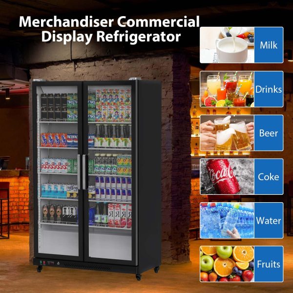 Commercial Refrigerator, Glass Door with LED Lighting �� Upright Beverage Display Cooler for Home, Store, Gym, or Office, Featuring Double Swing Doors and 39 cu.ft