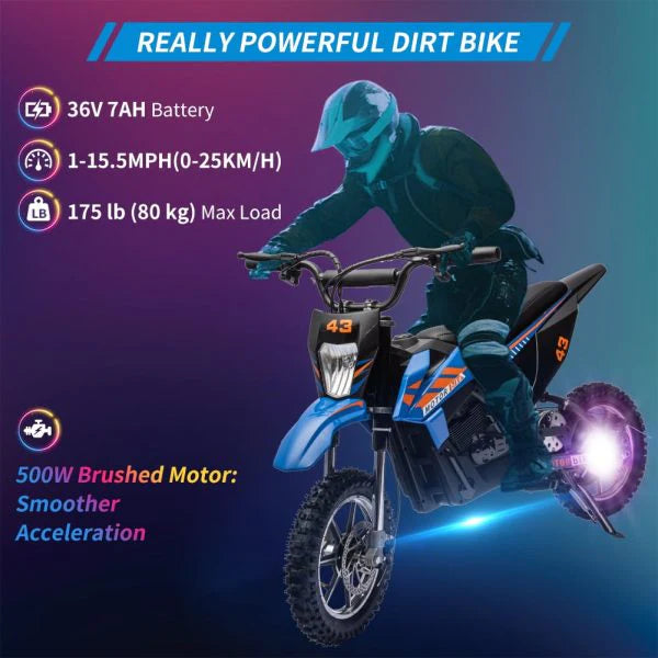 36V Kids Electric Dirt Bike, 36V, 350W, 15.5MPH, LED, 175lbs Max �� Blue