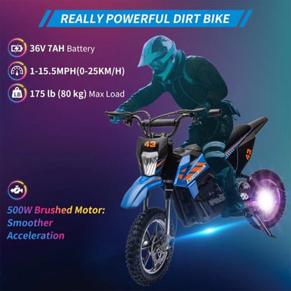 36V Kids Electric Dirt Bike, 36V, 350W, 15.5MPH, LED, 175lbs Max �� Blue