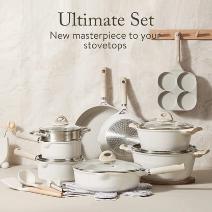 Carote Non Stick Pots and Pans Set, 21 Pcs Induction Kitchen Cookware Sets (Beige Granite)