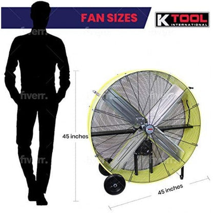 K Tool International 42�测�� Belt Drive Drum Fan; Industrial, Garage, Shop, High Speed 2-Speed, Durable, Cut-Off Protection, Easy Mobility Rubber Wheels; SAFETY YELLOW KTI77743