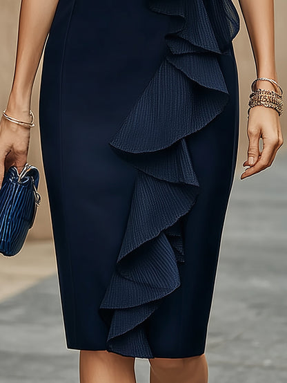 Serenara Navy Blue Cascading Ruffle Sleeveless Sheath Midi Dress