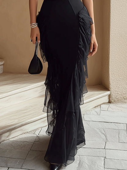 Serenara Black Halter Neck Ruffle Bodycon Maxi Dress