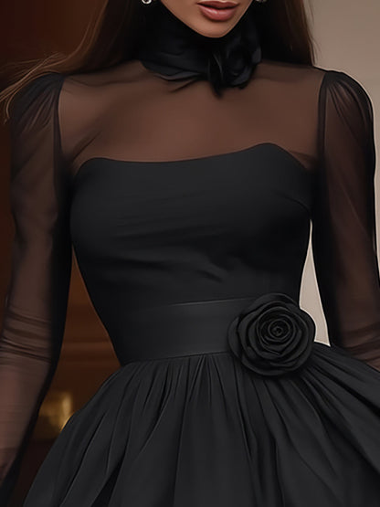 Serenara Black Mesh Sheer Neck Long Sleeve Puff Mini Dress