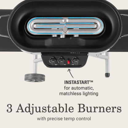 RoadTrip Portable Stand-Up Propane Grill with 3 Adjustable Burners & Instastart Ignition, 20,000 BTUs of Power for Outdoor Cooking