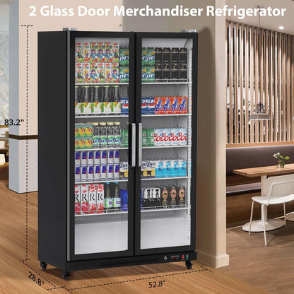 Commercial Refrigerator, Glass Door with LED Lighting �� Upright Beverage Display Cooler for Home, Store, Gym, or Office, Featuring Double Swing Doors and 39 cu.ft