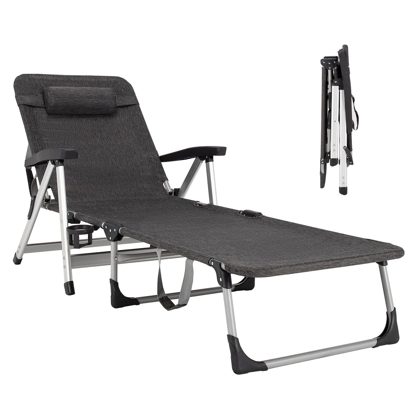 Chaise Lounge Chair, Folding Outdoor Patio Lounger with Cup Holder & Detachable Headrest
