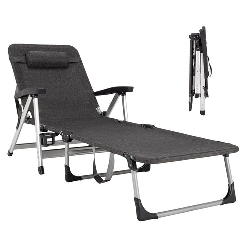 Chaise Lounge Chair, Folding Outdoor Patio Lounger with Cup Holder & Detachable Headrest