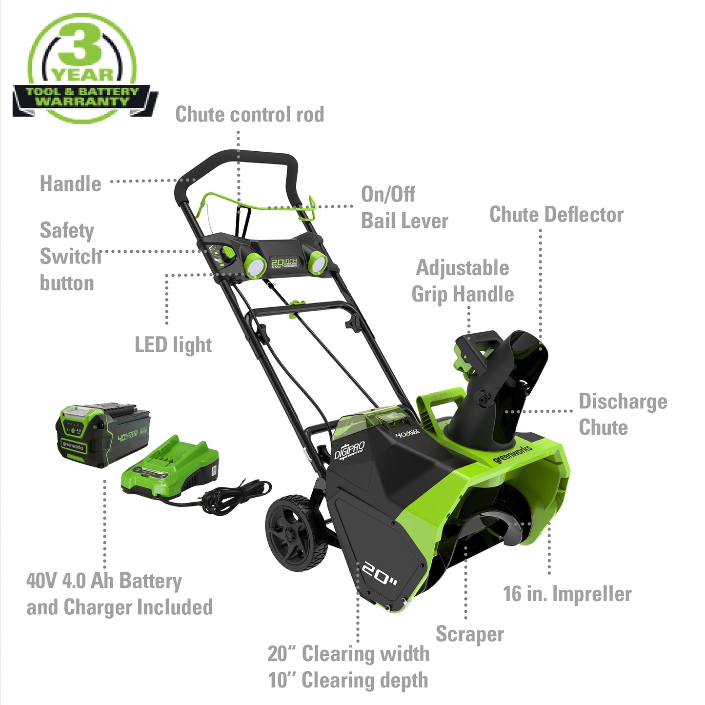Greenworks 40V 20 Cordless Brushless Snow Blower with 4.0 Ah Battery & Charger, LED Lights, 180�� Chute