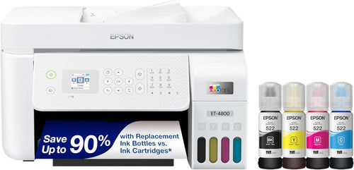 Epson EcoTank ET-4800 Wireless All-in-One Inkjet Printer, White Cartridge-Free, Scanner, Copier, Fax, ADF, Ethernet, Home Office
