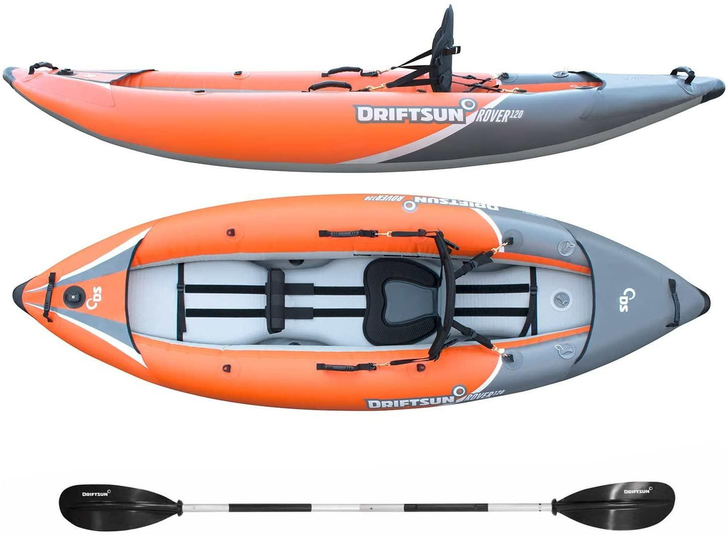 Rover 120/220 Inflatable Tandem White-Water Kayak with High Pressure Floor and EVA Padded Seats with High Back Support, Includes Action Cam Mount, Aluminum Paddles, Pump and More