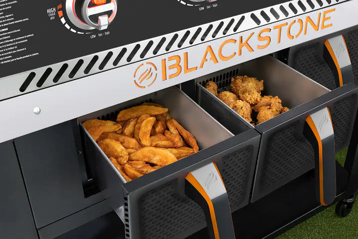 Blackstone 1962 Air Fryer Combo & Two Burners Stainless Steel Gas Hood, Wheels, Two Side Shelf �� Heavy Duty Outdoor Griddle Station for Backyard, Patio, 28 inch Black