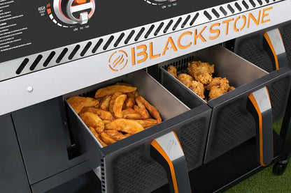 Blackstone 1962 Air Fryer Combo & Two Burners Stainless Steel Gas Hood, Wheels, Two Side Shelf �� Heavy Duty Outdoor Griddle Station for Backyard, Patio, 28 inch Black