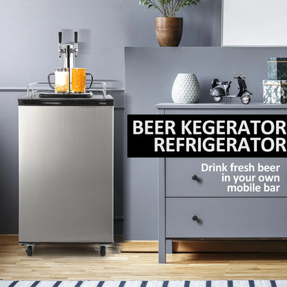 Beer Kegerator, Dual Tap Draft Beer Dispenser, Full Size Stainless Steel Keg Refrigerator With Drip Tray, CO2 Cylinder, 32掳F- 50掳F Temperature Control, 170L
