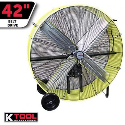 K Tool International 42�测�� Belt Drive Drum Fan; Industrial, Garage, Shop, High Speed 2-Speed, Durable, Cut-Off Protection, Easy Mobility Rubber Wheels; SAFETY YELLOW KTI77743
