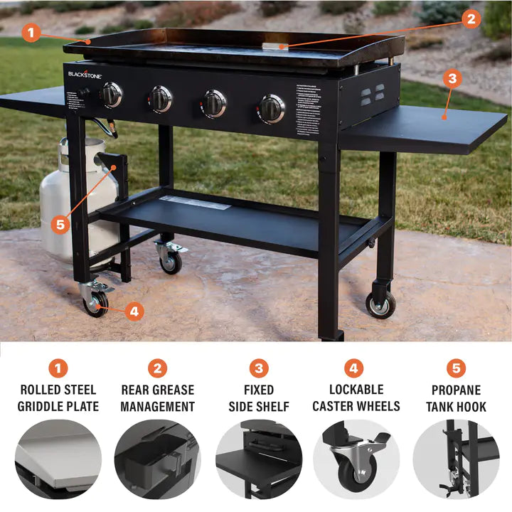 Blackstone 36 Inch Gas Griddle Cooking Station 4 Burner Flat Top Gas Grill Propane Fuelled Restaurant Grade Professional 36�� Outdoor Griddle Station with Side Shelf (1554)