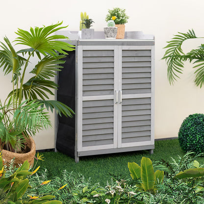 Outdoor Potting Bench Table, Garden Storage Cabinet w/Metal Tabletop