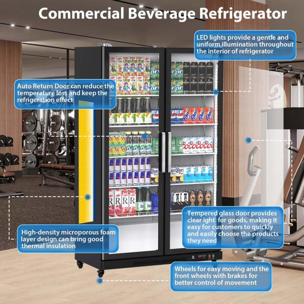 Commercial Refrigerator, Glass Door with LED Lighting �� Upright Beverage Display Cooler for Home, Store, Gym, or Office, Featuring Double Swing Doors and 39 cu.ft