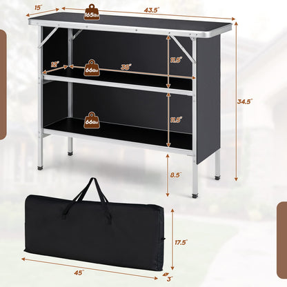 Folding Camping Table, Aluminum Portable Pop-Up Bar Table with 2-Tier Storage Shelves