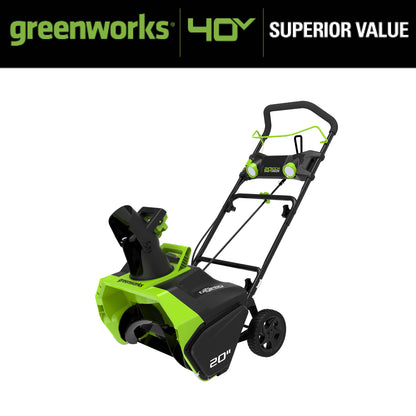 Greenworks 40V 20 Cordless Brushless Snow Blower with 4.0 Ah Battery & Charger, LED Lights, 180�� Chute