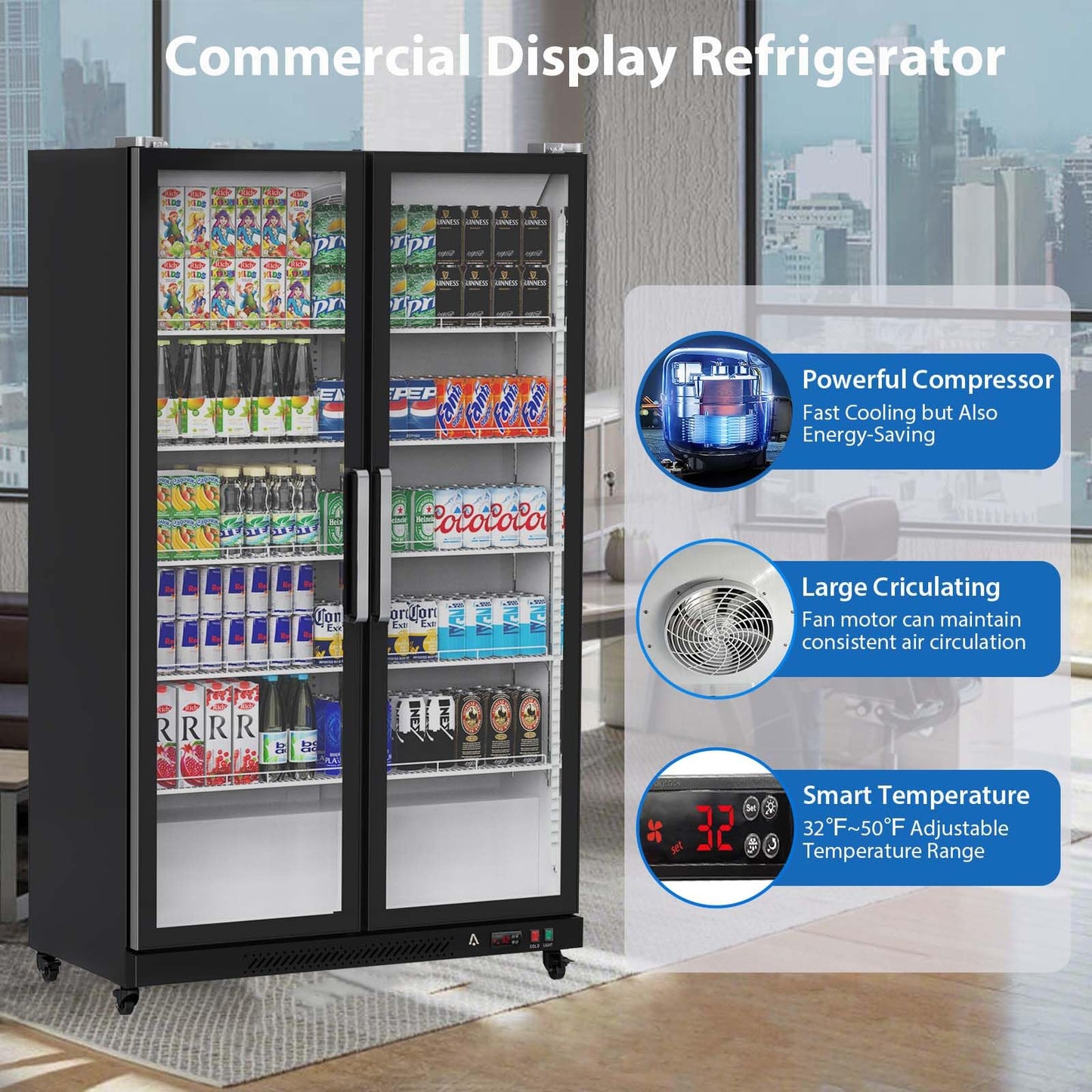 Commercial Refrigerator, Glass Door with LED Lighting �� Upright Beverage Display Cooler for Home, Store, Gym, or Office, Featuring Double Swing Doors and 39 cu.ft