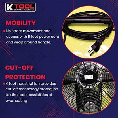 K Tool International 42�测�� Belt Drive Drum Fan; Industrial, Garage, Shop, High Speed 2-Speed, Durable, Cut-Off Protection, Easy Mobility Rubber Wheels; SAFETY YELLOW KTI77743