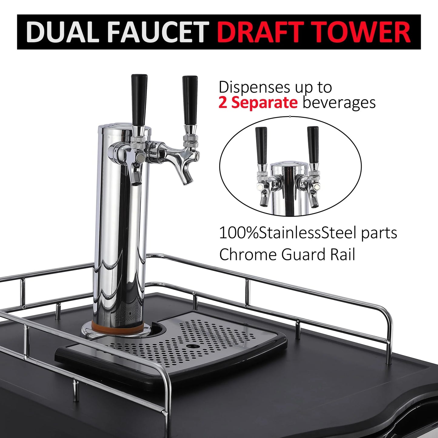 Beer Kegerator, Dual Tap Draft Beer Dispenser, Full Size Stainless Steel Keg Refrigerator With Drip Tray, CO2 Cylinder, 32掳F- 50掳F Temperature Control, 170L