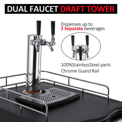 Beer Kegerator, Dual Tap Draft Beer Dispenser, Full Size Stainless Steel Keg Refrigerator With Drip Tray, CO2 Cylinder, 32掳F- 50掳F Temperature Control, 170L