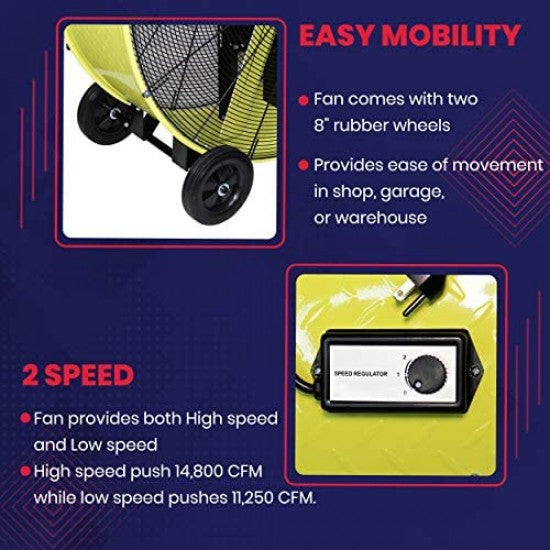 K Tool International 42�测�� Belt Drive Drum Fan; Industrial, Garage, Shop, High Speed 2-Speed, Durable, Cut-Off Protection, Easy Mobility Rubber Wheels; SAFETY YELLOW KTI77743