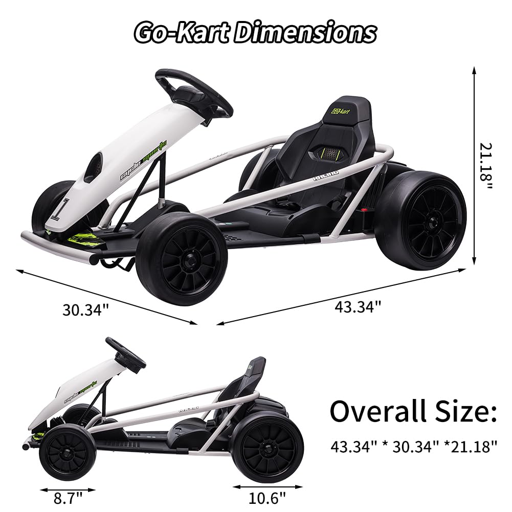 24V Go Kart for Kids 8-12, 300W*2 Motors, 9Ah Battery, 8MPH Speed, Music, Horn, 175lbs Max Load �� White