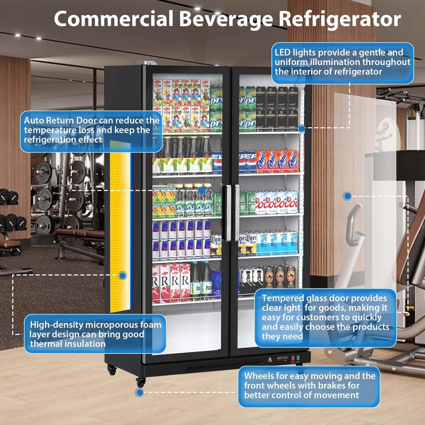 Commercial Refrigerator, Glass Door with LED Lighting �� Upright Beverage Display Cooler for Home, Store, Gym, or Office, Featuring Double Swing Doors and 39 cu.ft