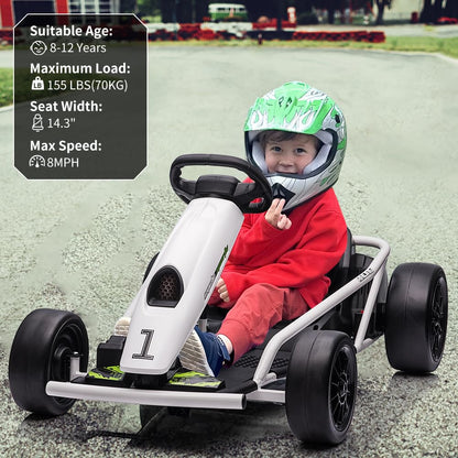 24V Go Kart for Kids 8-12, 300W*2 Motors, 9Ah Battery, 8MPH Speed, Music, Horn, 175lbs Max Load �� White