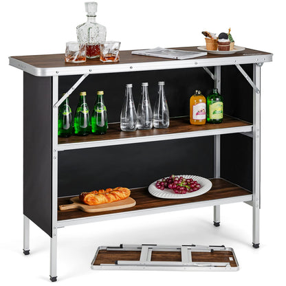 Folding Camping Table, Aluminum Portable Pop-Up Bar Table with 2-Tier Storage Shelves