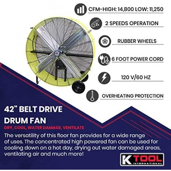 K Tool International 42�测�� Belt Drive Drum Fan; Industrial, Garage, Shop, High Speed 2-Speed, Durable, Cut-Off Protection, Easy Mobility Rubber Wheels; SAFETY YELLOW KTI77743