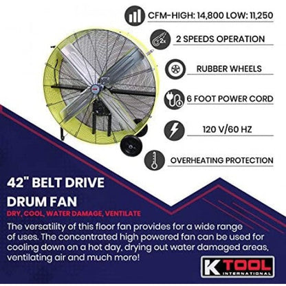 K Tool International 42�测�� Belt Drive Drum Fan; Industrial, Garage, Shop, High Speed 2-Speed, Durable, Cut-Off Protection, Easy Mobility Rubber Wheels; SAFETY YELLOW KTI77743