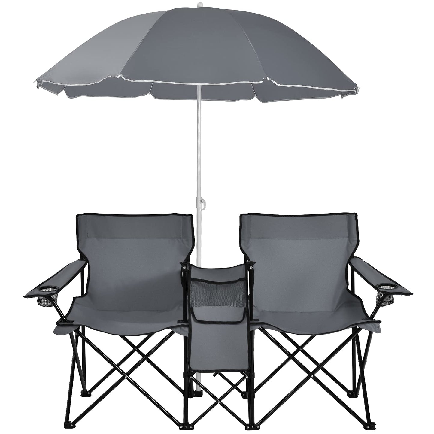 Double Folding Picnic Chairs Umbrella Mini Table Beverage Holder Carrying Bag