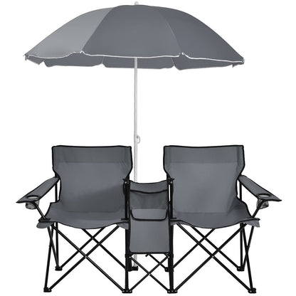 Double Folding Picnic Chairs Umbrella Mini Table Beverage Holder Carrying Bag