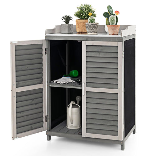 Outdoor Potting Bench Table, Garden Storage Cabinet w/Metal Tabletop