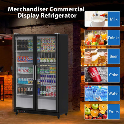 Commercial Refrigerator, Glass Door with LED Lighting �� Upright Beverage Display Cooler for Home, Store, Gym, or Office, Featuring Double Swing Doors and 39 cu.ft