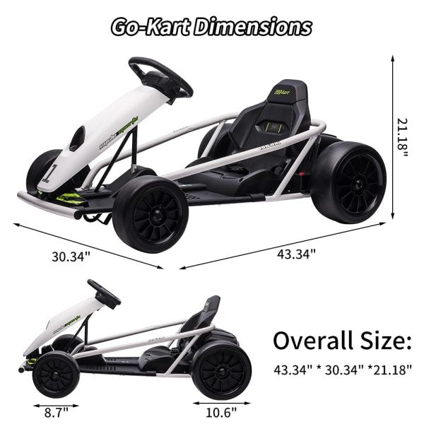 24V Go Kart for Kids 8-12, 300W*2 Motors, 9Ah Battery, 8MPH Speed, Music, Horn, 175lbs Max Load �� White