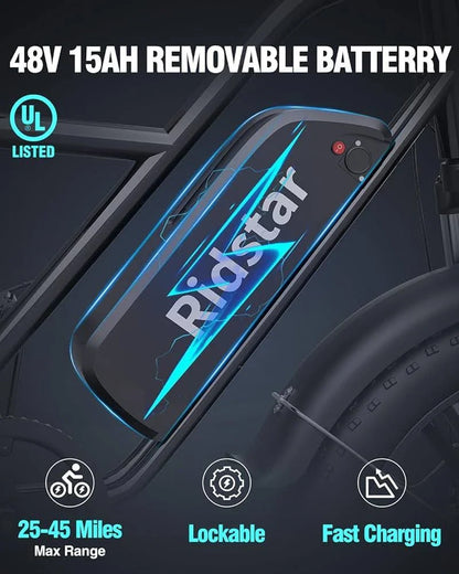 Bopzin 1000W Electric Bike for Adults 48V 15Ah Removable Battery Ebike 20" x 4.0 - 1000W