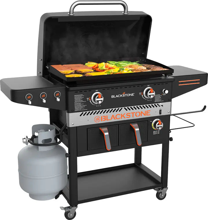 Blackstone 1962 Air Fryer Combo & Two Burners Stainless Steel Gas Hood, Wheels, Two Side Shelf �� Heavy Duty Outdoor Griddle Station for Backyard, Patio, 28 inch Black