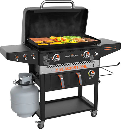 Blackstone 1962 Air Fryer Combo & Two Burners Stainless Steel Gas Hood, Wheels, Two Side Shelf �� Heavy Duty Outdoor Griddle Station for Backyard, Patio, 28 inch Black